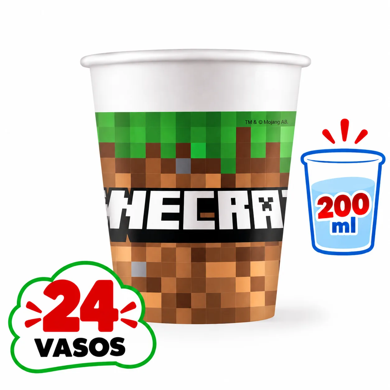 Vaso de 200 ml de Minecraft con bloque de hierba pixelado, 24 unidades