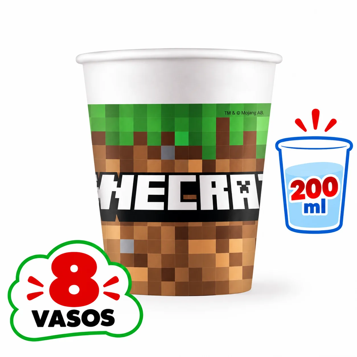 Vaso de 200 ml de Minecraft con bloque de hierba pixelado, 8 unidades