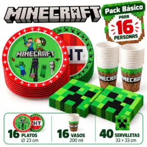 Pack Básico Minecraft para 16: platos de Steve y de TNT, vasos y servilletas de Creeper