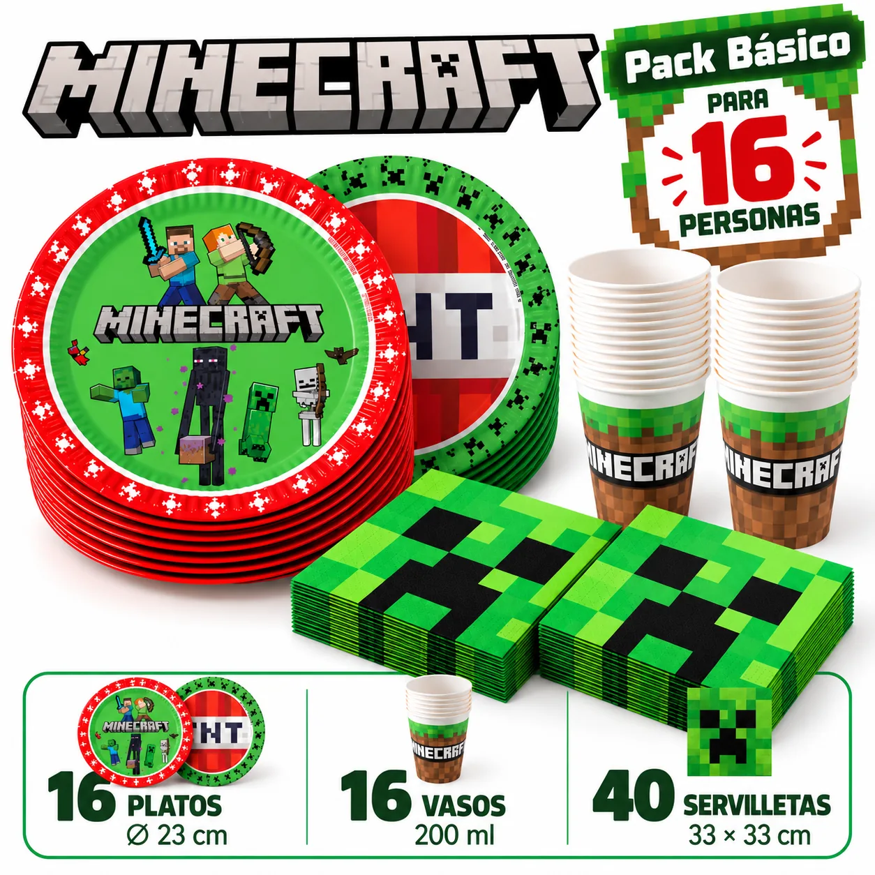 Pack Básico Minecraft para 16: platos de Steve y de TNT, vasos y servilletas de Creeper
