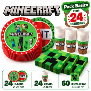 Pack Básico Minecraft para 24: platos de Steve y de TNT, vasos y servilletas de Creeper