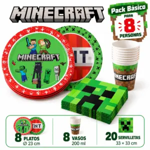 Pack Básico Minecraft para 8: platos de Steve y de TNT, vasos y servilletas de Creeper