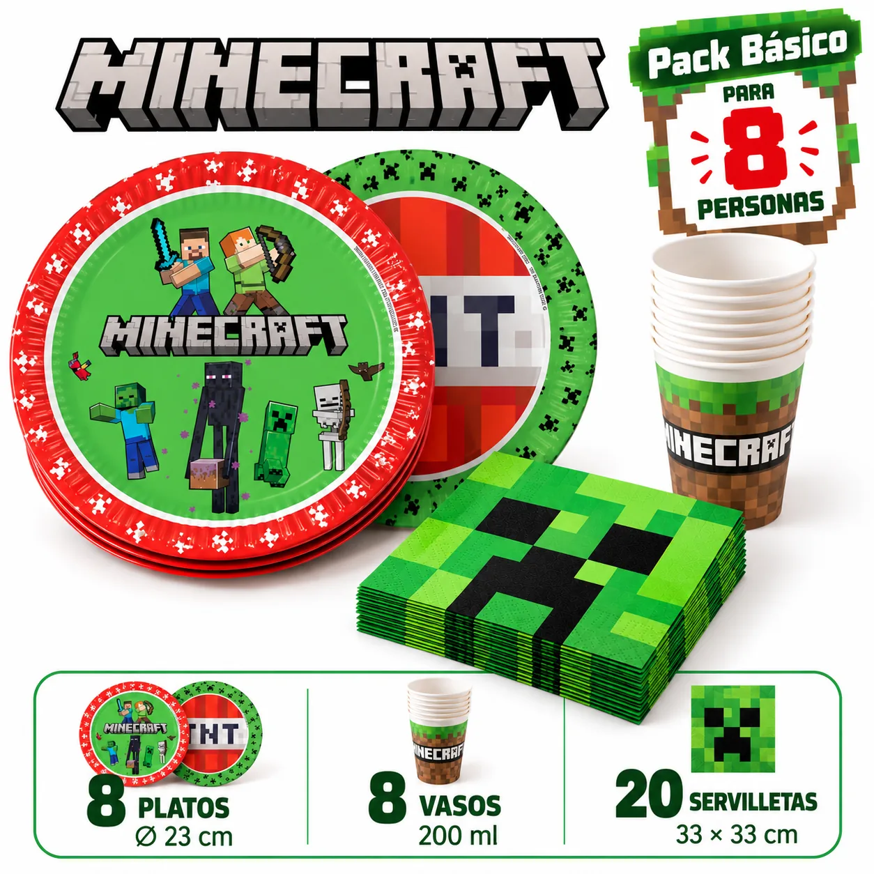 Pack Básico Minecraft para 8: platos de Steve y de TNT, vasos y servilletas de Creeper