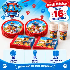 Pack Básico Patrulla Canina para 16: platos, vasos de 200 ml y servilletas a juego