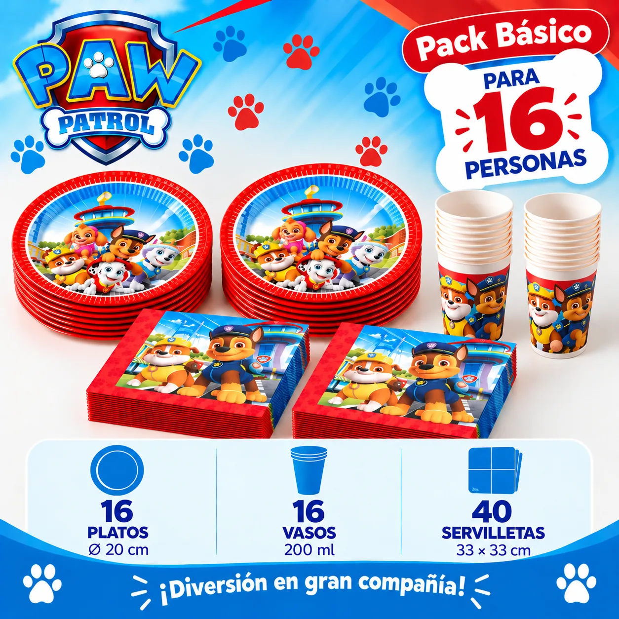 Pack Básico Patrulla Canina para 16: platos, vasos de 200 ml y servilletas a juego