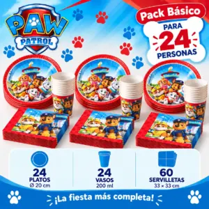 Pack Básico Patrulla Canina para 24: platos, vasos de 200 ml y servilletas a juego
