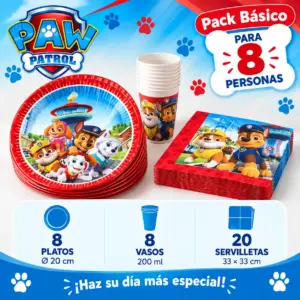 Pack Básico Patrulla Canina para 8: platos, vasos de 200 ml y servilletas a juego