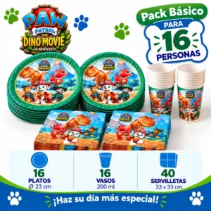 Pack Básico Patrulla Canina La dino película para 16: platos de 23 cm, vasos y servilletas