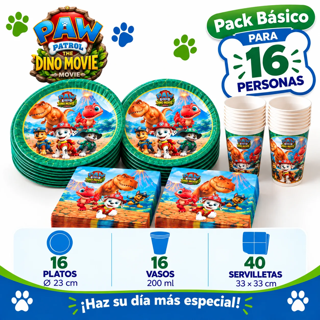 Pack Básico Patrulla Canina La dino película para 16: platos de 23 cm, vasos y servilletas