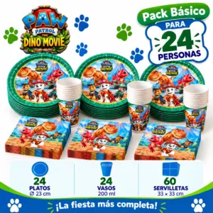 Pack Básico Patrulla Canina La dino película para 24: platos de 23 cm, vasos y servilletas