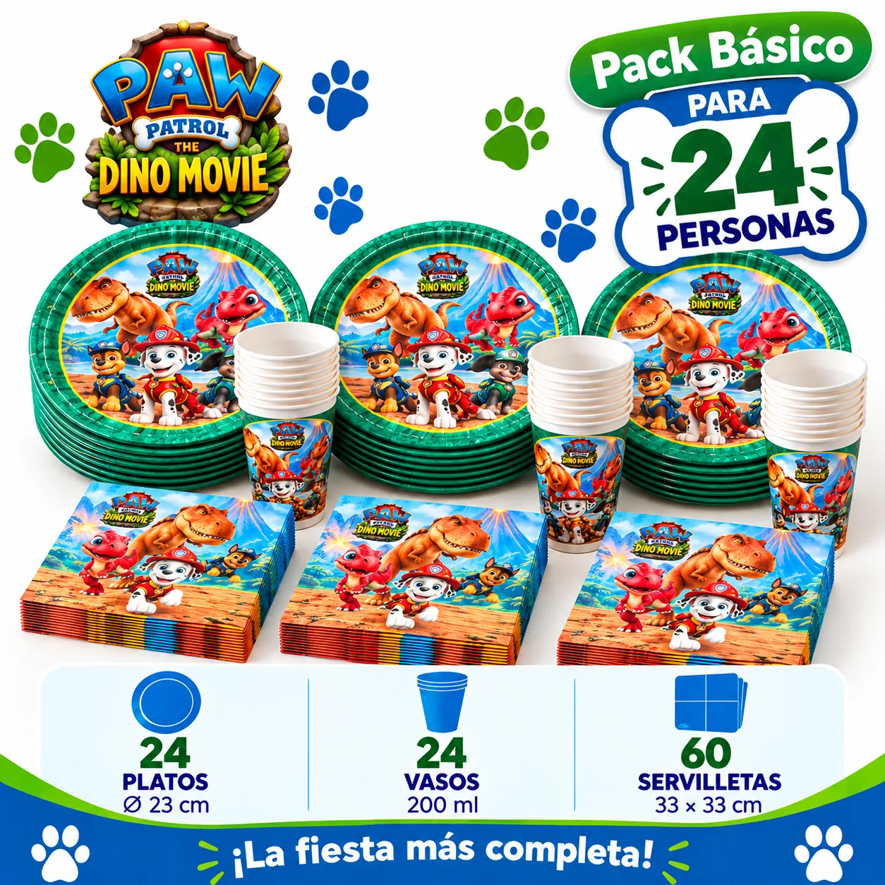 Pack Básico Patrulla Canina La dino película para 24: platos de 23 cm, vasos y servilletas