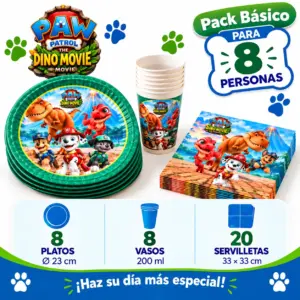 Pack Básico Patrulla Canina La dino película para 8: platos de 23 cm, vasos y servilletas
