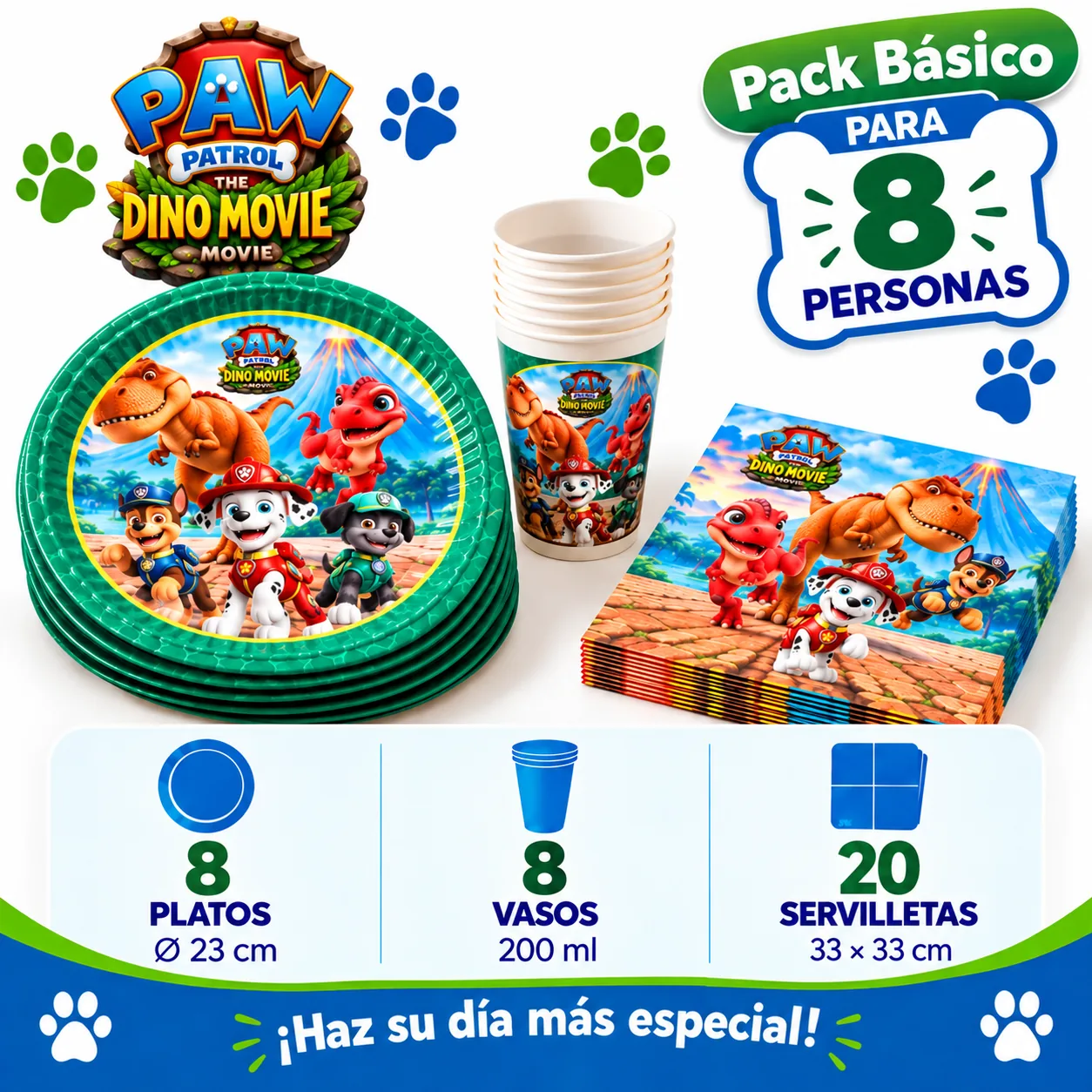 Pack Básico Patrulla Canina La dino película para 8: platos de 23 cm, vasos y servilletas