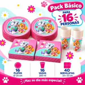 Pack Básico Patrulla Canina Skye y Everest para 16: platos, vasos y servilletas rosas