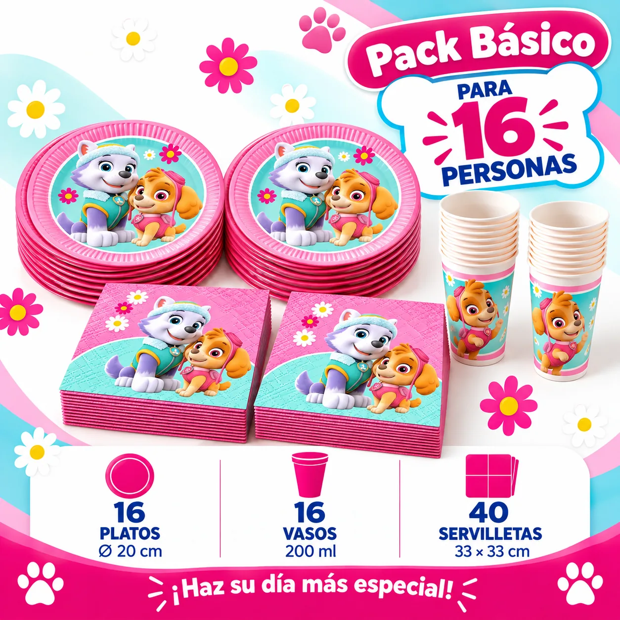 Pack Básico Patrulla Canina Skye y Everest para 16: platos, vasos y servilletas rosas