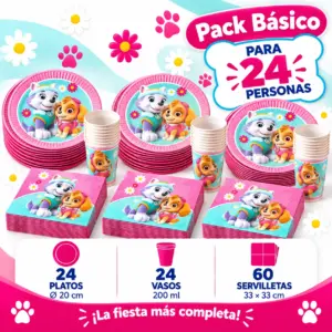 Pack Básico Patrulla Canina Skye y Everest para 24: platos, vasos y servilletas rosas