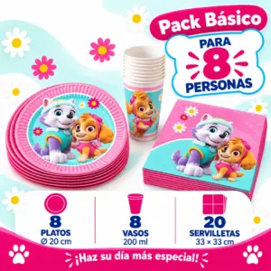 Pack Básico Patrulla Canina Skye y Everest para 8: platos, vasos y servilletas rosas