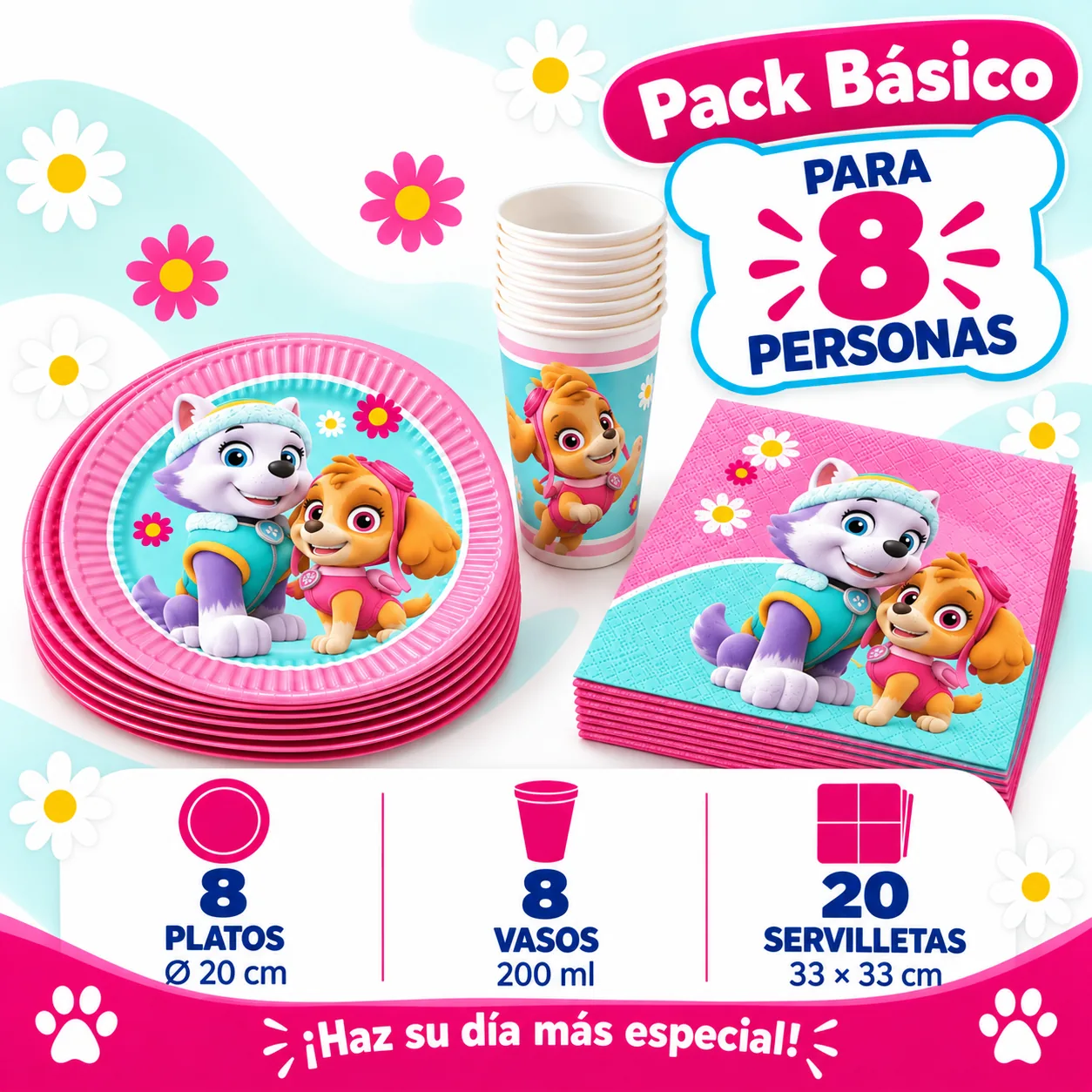 Pack Básico Patrulla Canina Skye y Everest para 8: platos, vasos y servilletas rosas