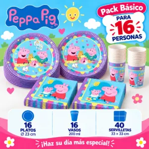 Pack Básico Peppa Pig para 16: platos de 23 cm, vasos de 200 ml y servilletas