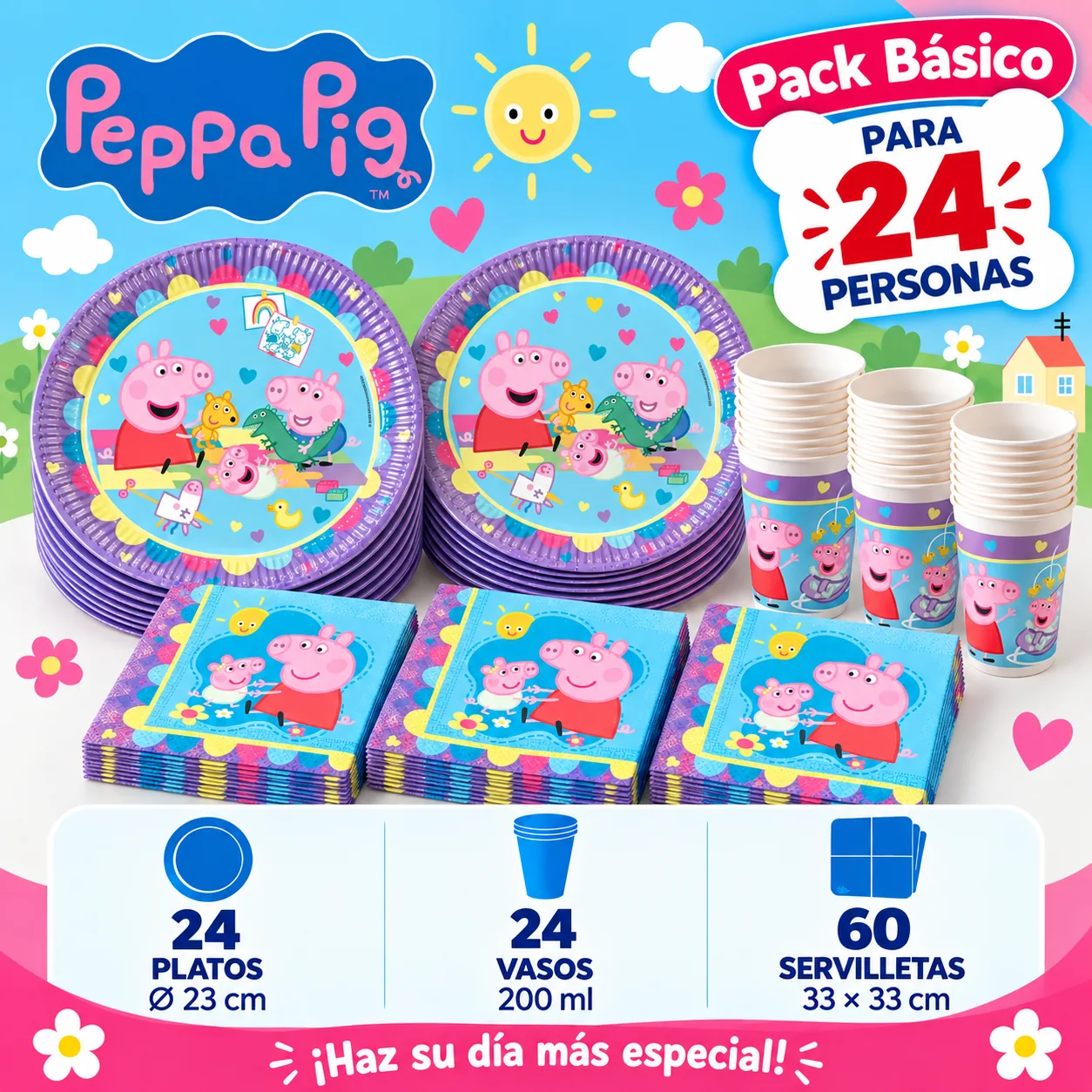 Pack Básico Peppa Pig para 24: platos de 23 cm, vasos de 200 ml y servilletas