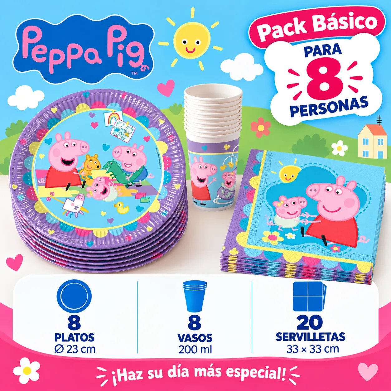 Pack Básico Peppa Pig para 8: platos de 23 cm, vasos de 200 ml y servilletas