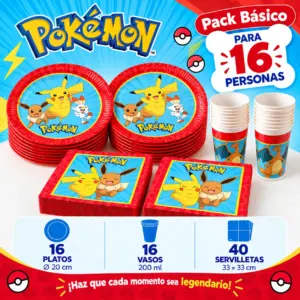 Pack Básico Pokémon para 16: platos de Pikachu, vasos de Charizard y servilletas