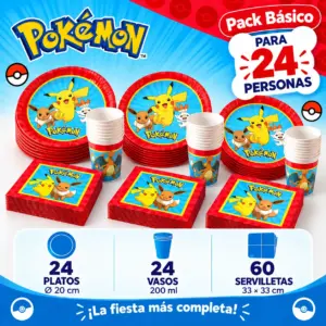 Pack Básico Pokémon para 24: platos de Pikachu, vasos de Charizard y servilletas
