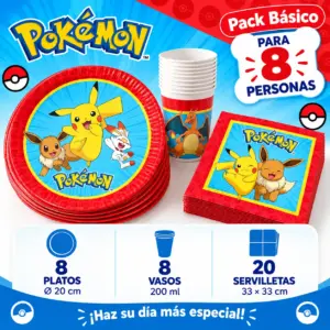 Pack Básico Pokémon para 8: platos de Pikachu, vasos de Charizard y servilletas