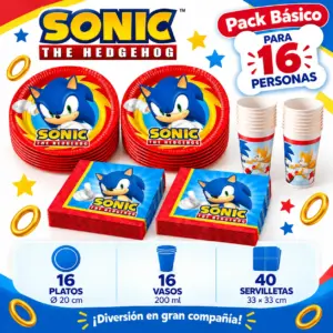 Pack Básico Sonic the Hedgehog para 16: platos de 20 cm, vasos y servilletas