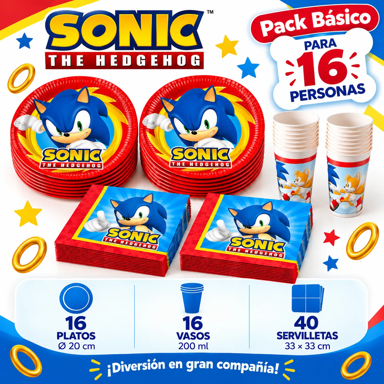 Pack Básico Sonic the Hedgehog para 16: platos de 20 cm, vasos y servilletas