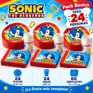 Pack Básico Sonic the Hedgehog para 24: platos de 20 cm, vasos y servilletas