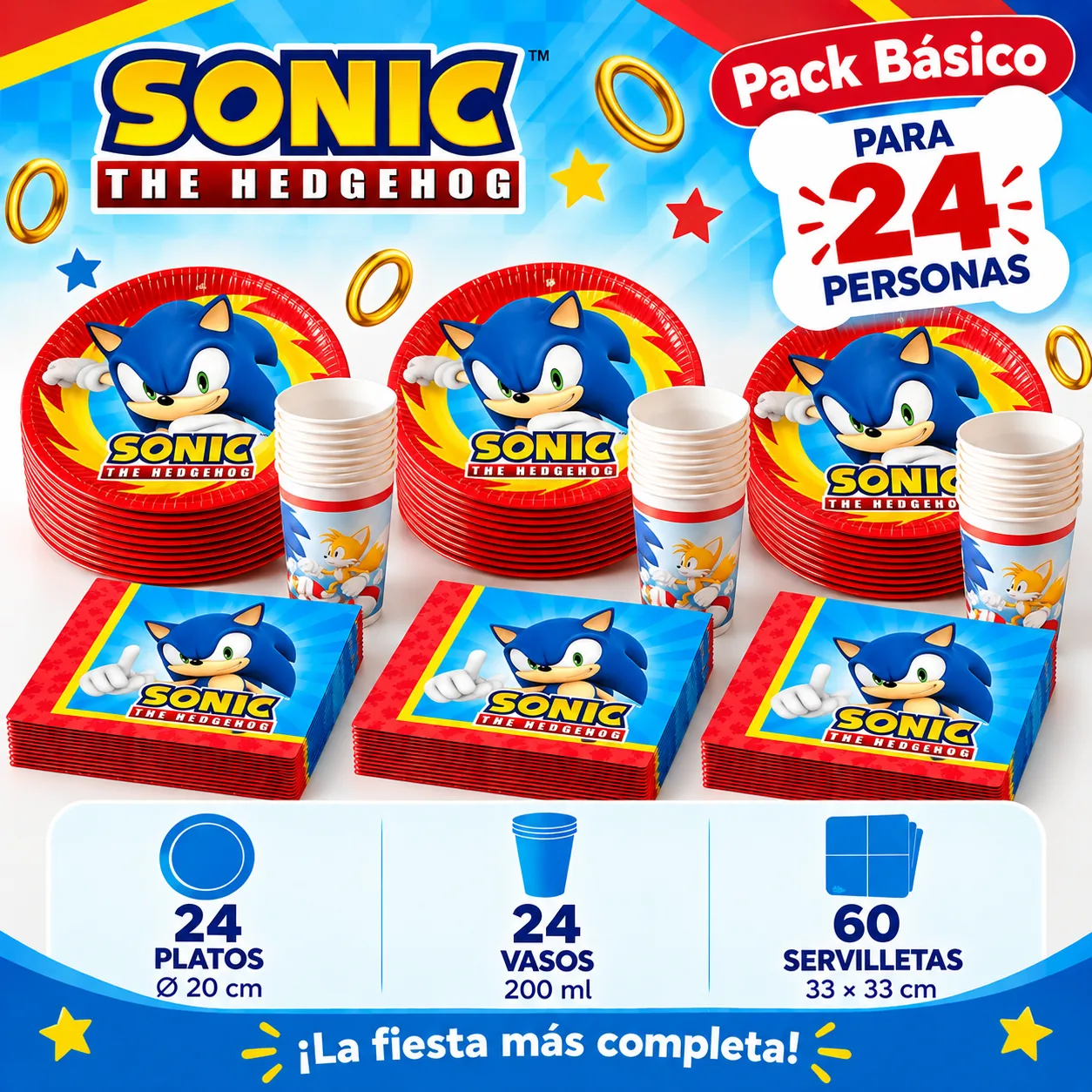 Pack Básico Sonic the Hedgehog para 24: platos de 20 cm, vasos y servilletas