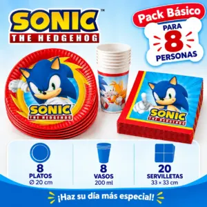 Pack Básico Sonic the Hedgehog para 8: platos de 20 cm, vasos y servilletas