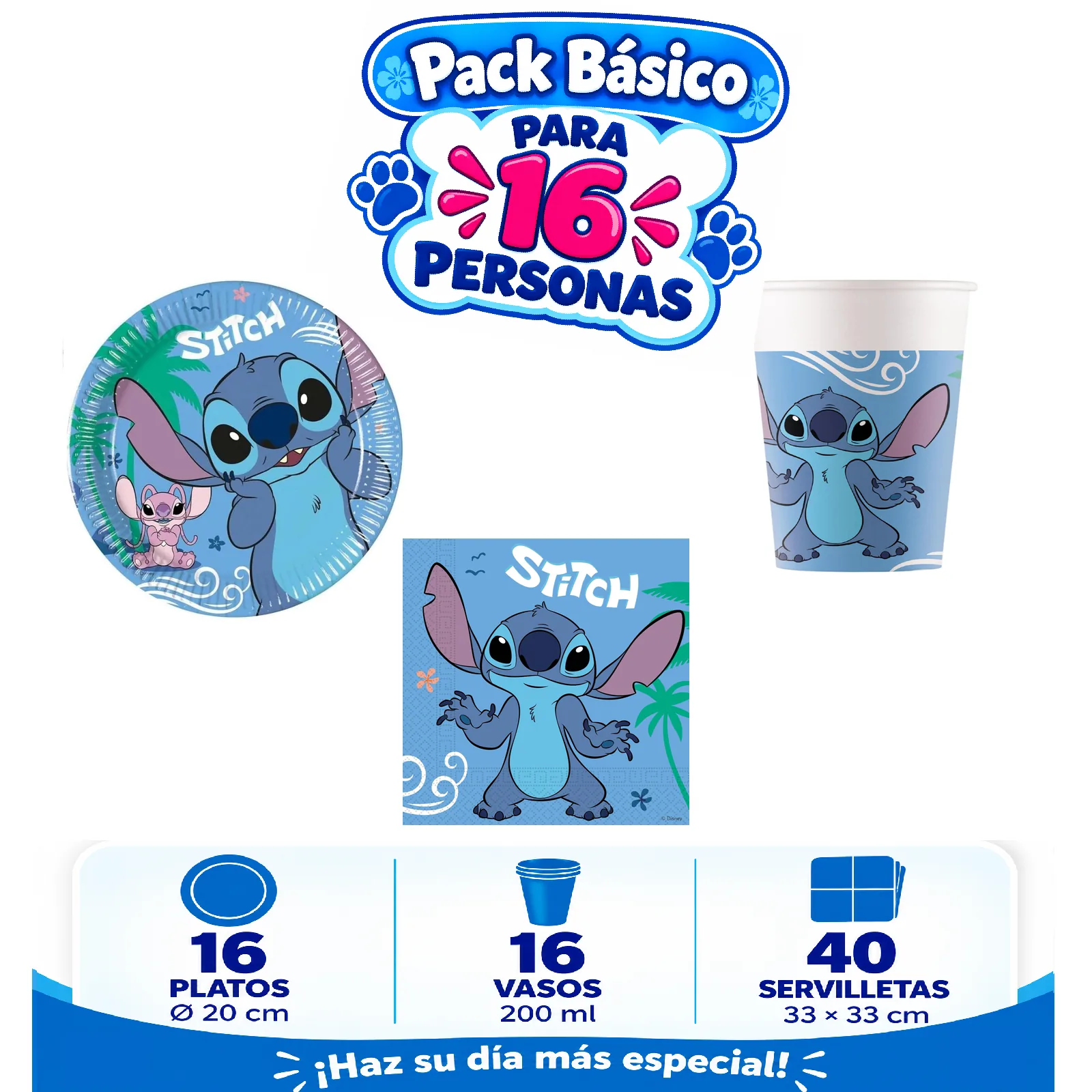 Pack Básico Stitch para 16: platos de 20 cm, vasos de 200 ml y servilletas azules