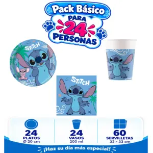 Pack Básico Stitch para 24: platos de 20 cm, vasos de 200 ml y servilletas azules