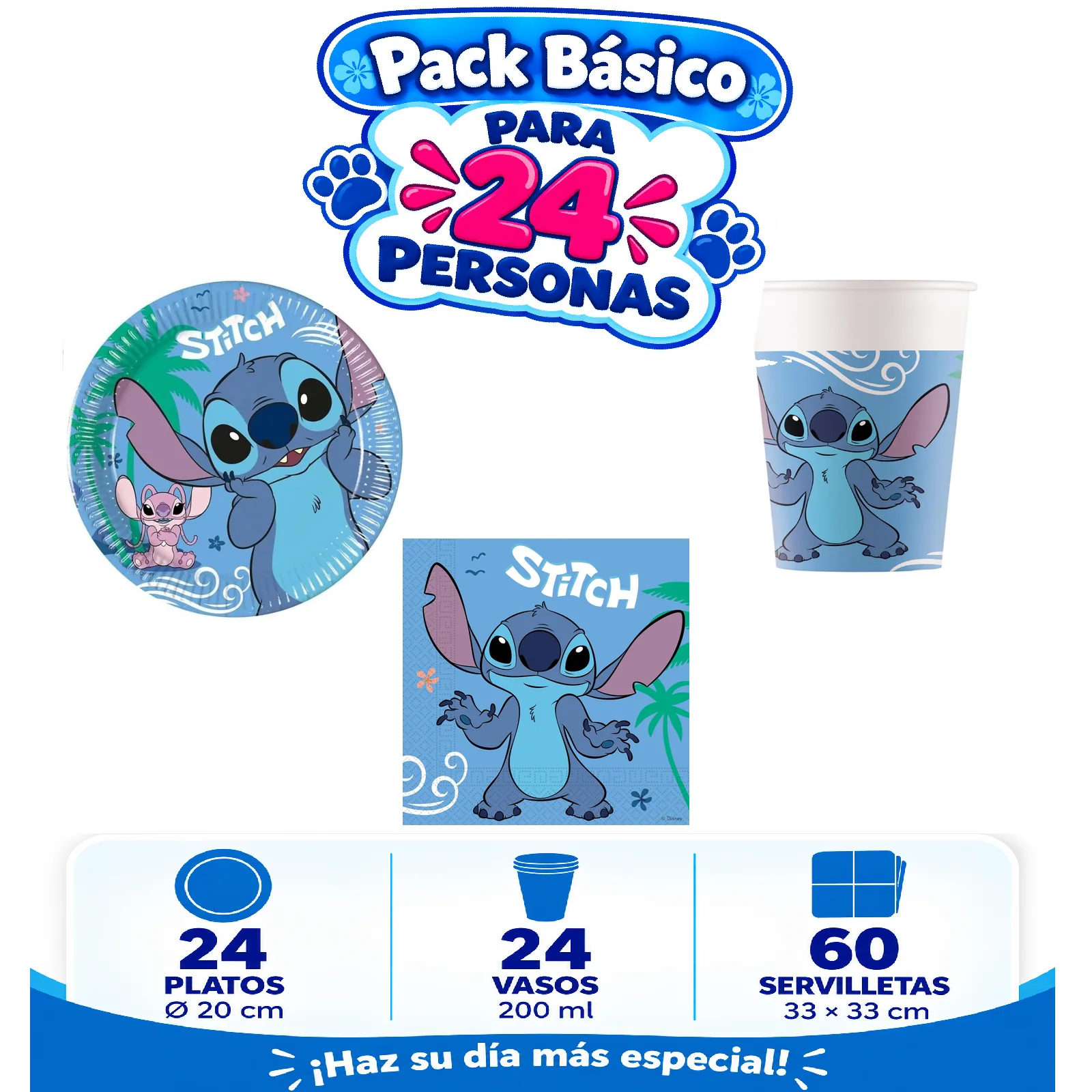 Pack Básico Stitch para 24: platos de 20 cm, vasos de 200 ml y servilletas azules