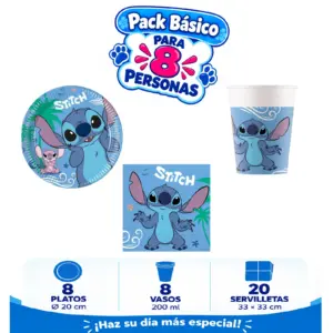 Pack Básico Stitch para 8: platos de 20 cm, vasos de 200 ml y servilletas azules