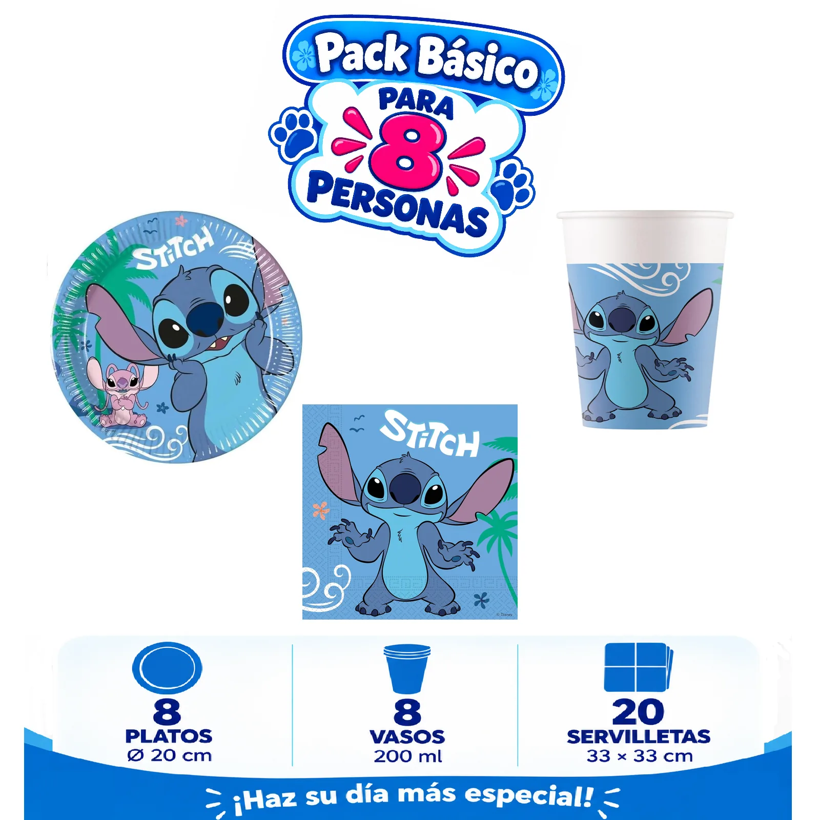 Pack Básico Stitch para 8: platos de 20 cm, vasos de 200 ml y servilletas azules