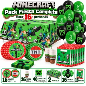 Pack Fiesta Completa Minecraft para 16 con mantel verde, globos de Creeper y bolsitas