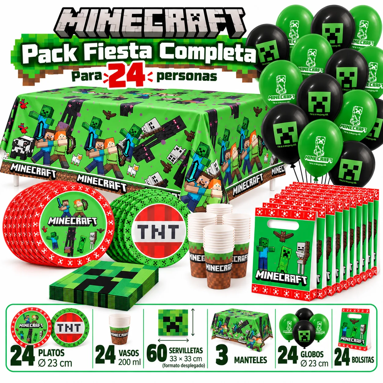 Pack Fiesta Completa Minecraft para 24 con mantel verde, globos de Creeper y bolsitas