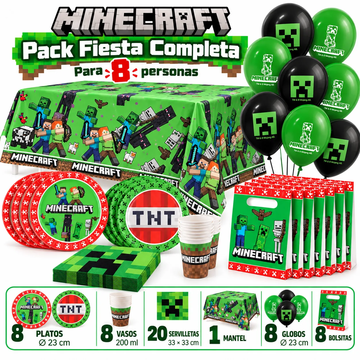 Pack Fiesta Completa Minecraft para 8 con mantel verde, globos de Creeper y bolsitas