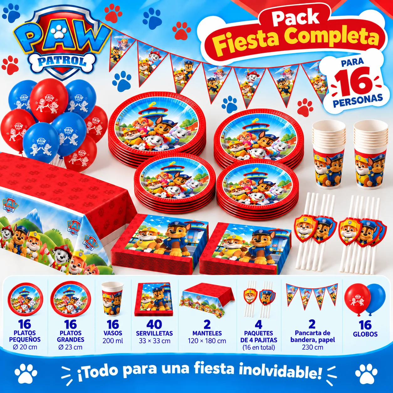 Pack Fiesta Completa Patrulla Canina para 16 personas con vajilla, mantel, pajitas, banderines y globos