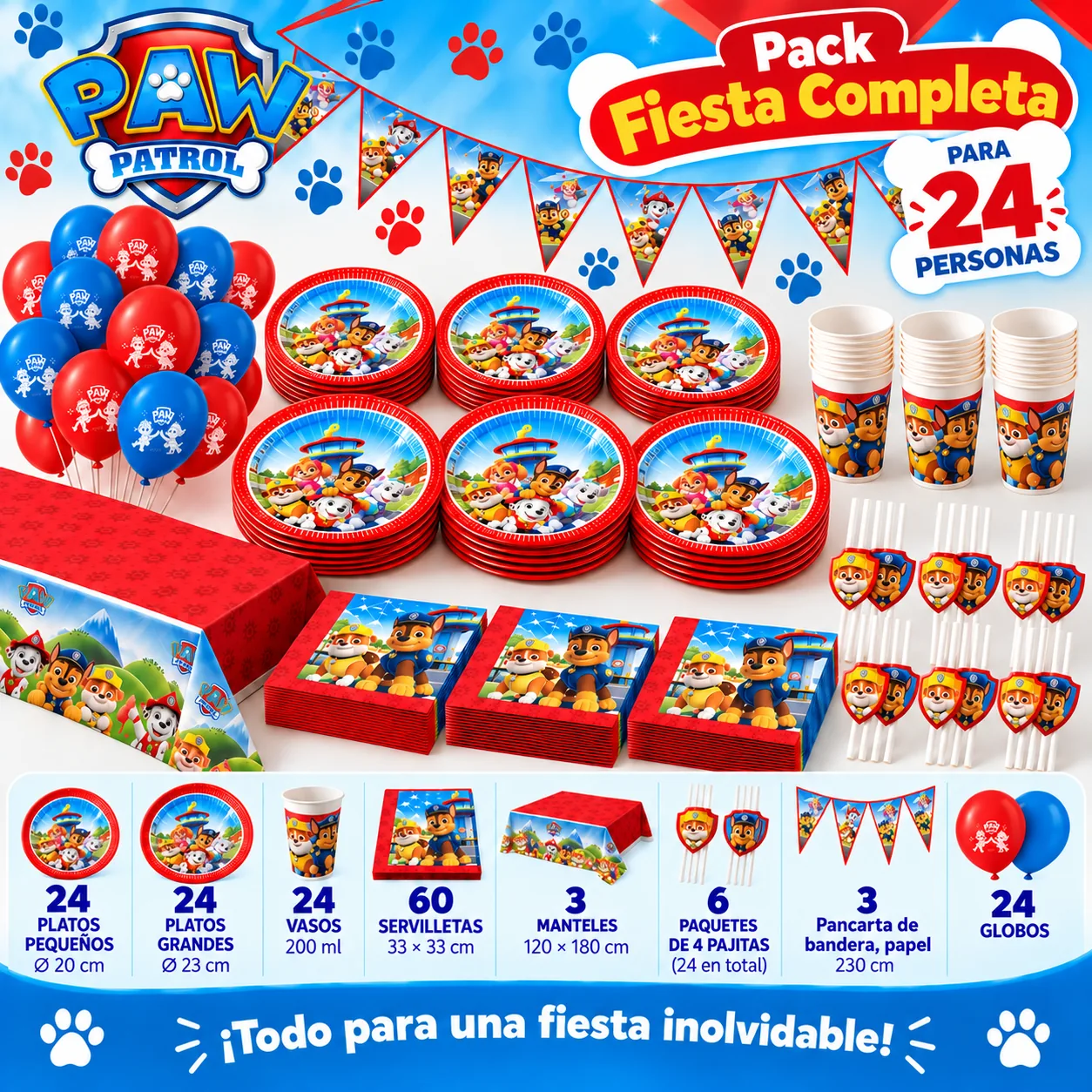 Pack Fiesta Completa Patrulla Canina para 24 personas con vajilla, mantel, pajitas, banderines y globos