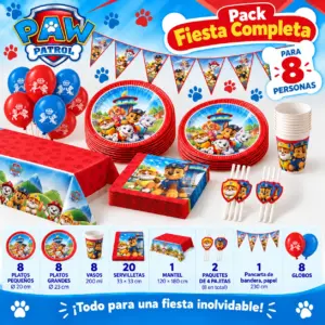 Pack Fiesta Completa Patrulla Canina para 8 personas con vajilla, mantel, pajitas, banderines y globos