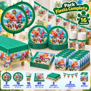 Pack Fiesta Completa Patrulla Canina Dino para 16 con globos de foil, mantel, banderines y bolsitas