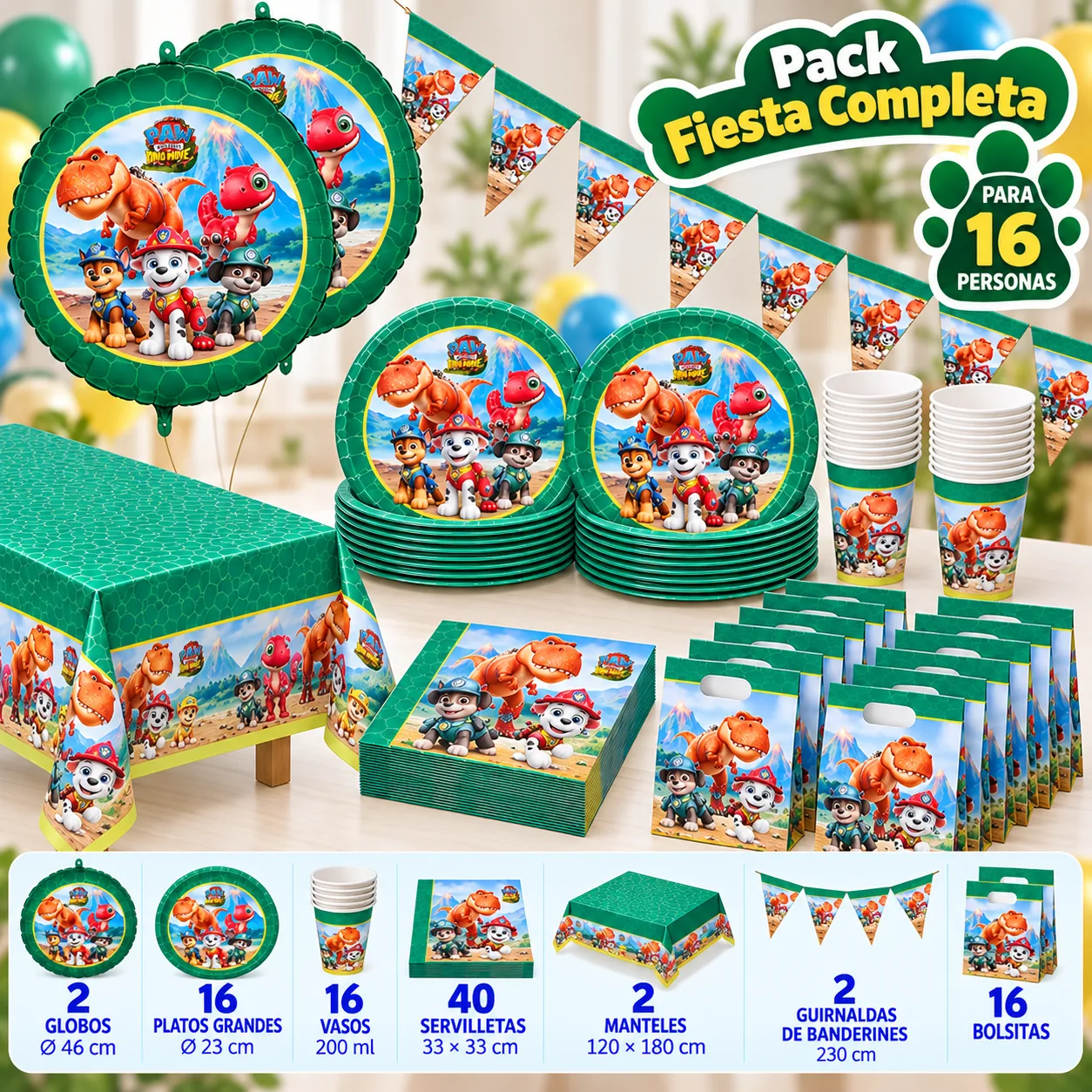 Pack Fiesta Completa Patrulla Canina Dino para 16 con globos de foil, mantel, banderines y bolsitas