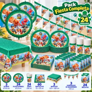 Pack Fiesta Completa Patrulla Canina Dino para 24 con globos de foil, mantel, banderines y bolsitas