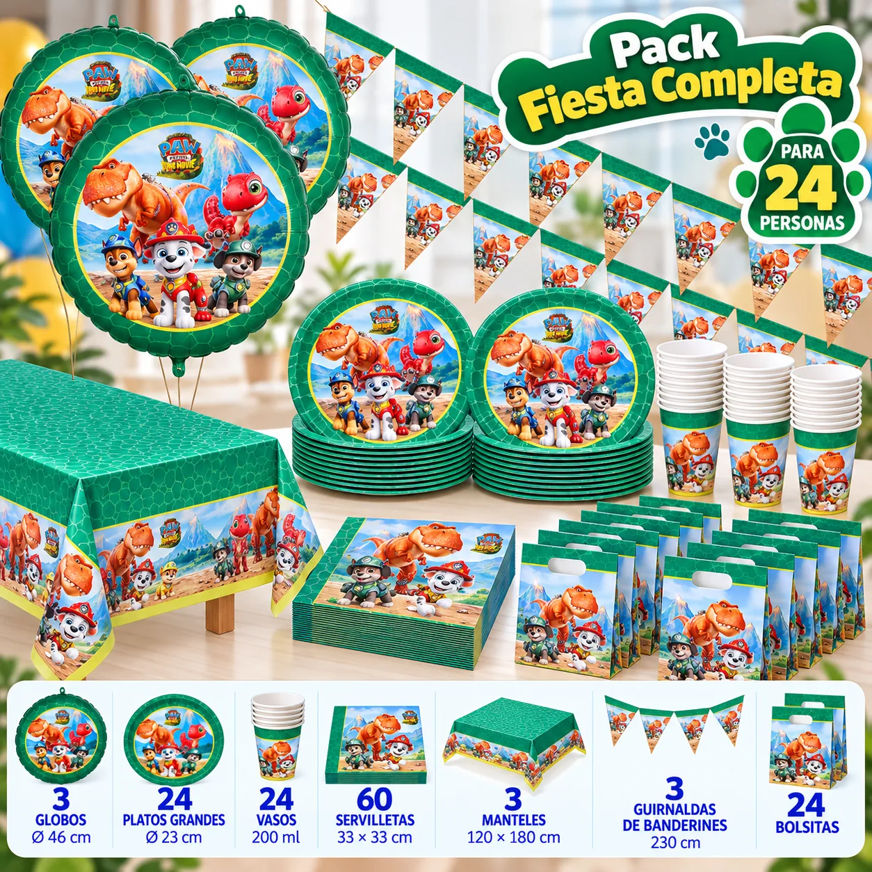 Pack Fiesta Completa Patrulla Canina Dino para 24 con globos de foil, mantel, banderines y bolsitas