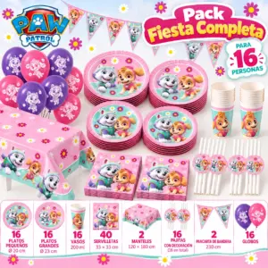 Pack Fiesta Completa Skye y Everest para 16 con vajilla rosa, mantel, pajitas, banderines y globos