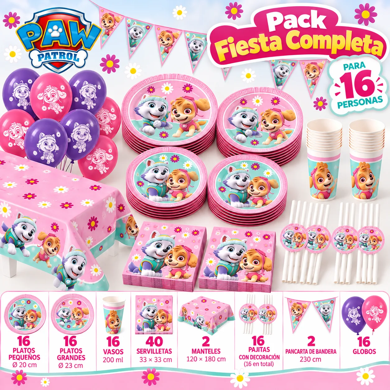 Pack Fiesta Completa Skye y Everest para 16 con vajilla rosa, mantel, pajitas, banderines y globos